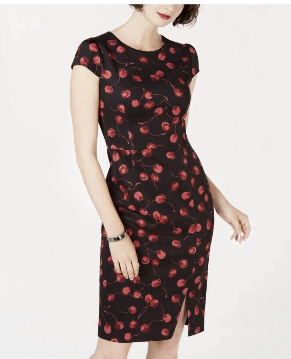 Betsey Johnson Cherry Print Sheath Dress Women 12 Black Red Lined Stretch Midi